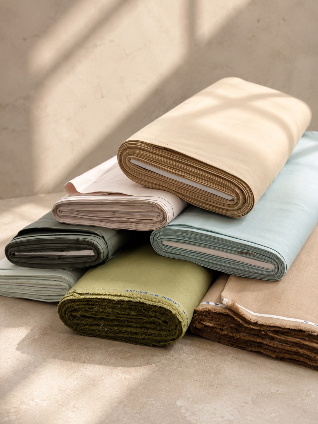 A stack of folded linen and blended shirting fabric bolts in earthy tones under soft daylight